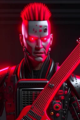 4K realistic A robot terminator with a red punk crest playing bass