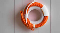 Generate one clean modern lifebuoy in matte white with orange rope and a transparent background.