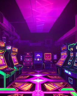 A dark photo of a full panoramic view an 80's aesthetics arcade at night, with a lot of functioning arcade machines, a vaporwave floor and some colorful tiles in between the floor. Purple aesthetics.