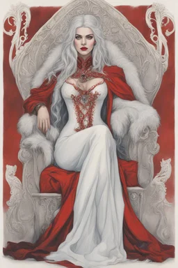 Beautiful white haired Vampire queen on her throne, drawing. Wearing a red cloak with a fur collar. Portrait, waist up