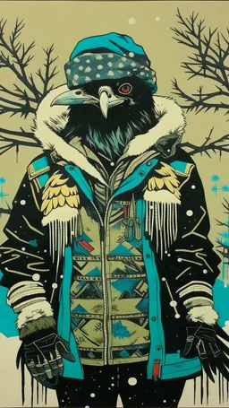 A contemporary serigraphy portrait by Kunisada of a crow adorned in a punk leather jacket within a snowy Christmas atmosphere.