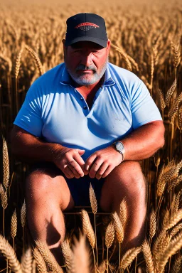 close up photography of a relaxing tired burly stocky beefy neapolitan farmer 50 years old under the sun sitting down in a wheat field, dirty, ugly, manly chest, sweat, bare-chested, underwear, bulge, view from top, 35mm lens , misery and poverty, countryside