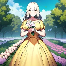 beautiful anime girl holding on to a flower and blowing the dried seeds into the air as the wind carries them away. outdoors scene.anime girl standing in a meadow of flowers. thw wind is blowing flower pedals into the wind. girl wearing yellow dress. more emphasis on seeds floating in the air. lots of seeds floating the air. lots of flower pedals floating the air behind the girl. rose pedals all over the ground.emphasis detail on the girls eyes, mouth and nose.