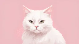 a Korean- style illustration of a white cat in front of a solid pastel pink background, flat, aesthetic, lots of white space