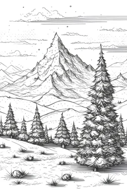 snowy mountains in the background and a Christmas tree in the front, hand drawn