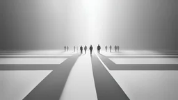 The picture is divided into left and right half. The left one is bright and there are few active people on it, the right one is grey and and there are few passive people on it