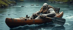 ancient bald fat ogre troll machete sitting relaxed in huge massive kayak in stream, big metal oar