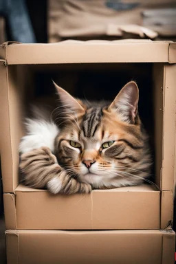 A cat sleeping peacefully in an old cardboard box