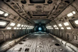 Alien symbols and silent corridors evoke space horror in this abandoned spaceship interior