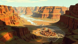 The Land of Wind and Ice is a welcoming place. Its color palette includes shades of ochre, green, and dark red. It features rugged canyons and large cities.