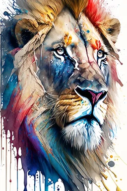 "lion", clean design, art station, splash of colorful paint, contour, ((solid white background)), gazing into camera, hyperdetailed intricately detailed, unreal engine, fantastical, intricate detail, splash screen, complementary colors, fantasy concept art, 8k resolution, DeviantArt masterpiece, watercolor, paint dripping