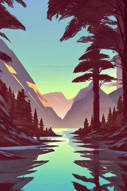 Stylized image of a forest, near a serene lake and mountains in the background at sunrise