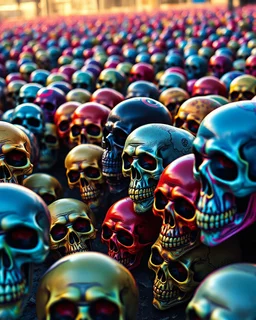 a field of skulls, multi colored, bright, vivid, psychedelic, high detailed, high gloss, insanly detailed, matte, horrorcore, lining the street, unsettling contrast