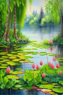 Vintage watercolor on a wet old canvas overgrown lake with weeping willows in the forest, pink water lilies float on the lake, fir trees, flowers, bells, herbs, bushes, vintage, realistic, summer, many details, colored pencil drawing, botanical, realistic, filigree, dark botanical, lumen, glare of the sun on the smooth surface of the lake, hyperrealism, the sun through the foliage, subtle drawing in black ink, in the style of A.Zhado