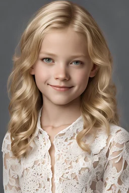 photorealistic, blonde tween, smirking, lace shirt