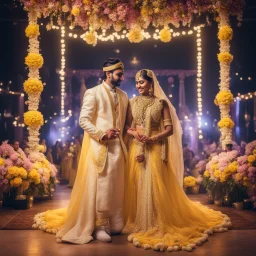 Hyper Realistic Beautiful Traditional Indian Wedding Couple on Stage decorated with different Yellow & White flowers & neon wedding lights at Night