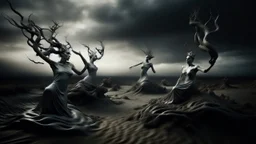 A surreal landscape with floating figures in contorted poses, against a dark background