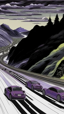 A blackish violet highway with fast cars painted by Katsushika Hokusai