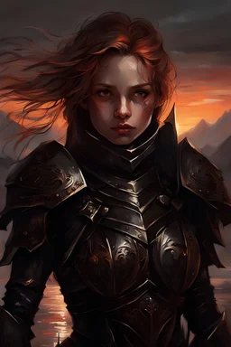 A formidable warrior girl in black armor, on the background Amazing gloomy landscape, flooded with sunset, mountains, trees, fabulous scary hero, , juicy emotions, painting, dark fantasy, gloomy day, dark world, portrait, by James Paick & Anna Razumovskaya