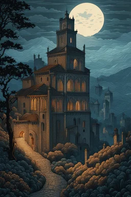 museum quality color woodcut landscape of a dark, otherworldly, and foreboding medieval Italian tower house thickly veiled in dense fog , with highly detailed stonework in 10th century Florence , at midnight, in the style of Gustave Baumann, with a fine art aesthetic, highly detailed, finely cut ,8k render,