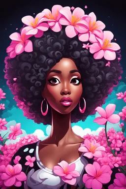 create a psychedelic digital enhance cartoon art style image with exaggerated features, 2k. cartoon image of a curvy size black female looking off to the side with a large thick tightly curly asymmetrical afro. Very beautiful. With pink and white plumeria flowers