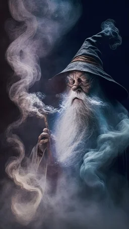 old wizard disappearing into thick smoke