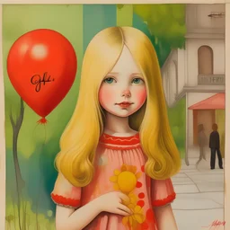 Old Hippie poster, blond girl with long hair , orange, pink, yellow, flowers, plants, letters, paper texture