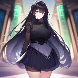 Clear focus, high resolution, black long fluffy hair, purple eyes, wearing a detailed outfit with a medium skirt