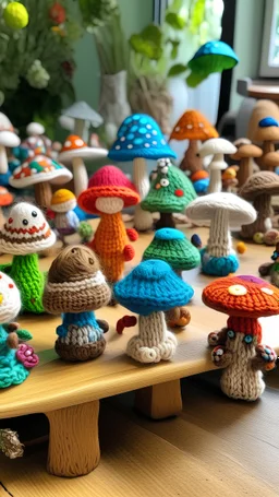 mushrooms colorful town with tiny people going to the beach to knit and crochet wearing mushroom hat. They are having a knitting workshop