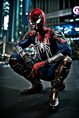 Spider-Man in cyberpunk armor, photograph