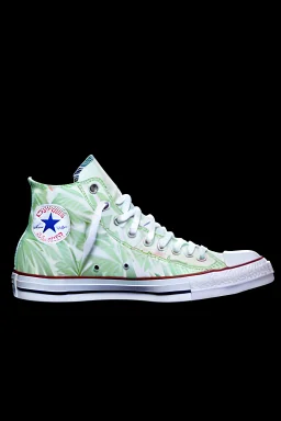 A converse sneaker with weed leaves printed on the material, green, yellow and red colors