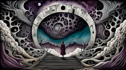 painted inner world with uncontrolled mind and neurodivergens soul, floating doors on sky, over surreal cracked weird empty land . no buildings, neverending stairs,. deep dark purple, gray, black, white, brown, malachit, cream color. Whimsical style of Redmer Hoekstra, of Anna Dittman. No people in picture, weird absurd beauty nightmare, black rawen, in background fade neuron network-web, surreal vibe, no humans