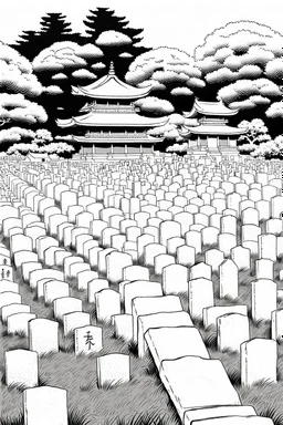 landscape, Japanese open air flat cemetery with thousand Japanese gravestones, high detail, manga style, grayscale