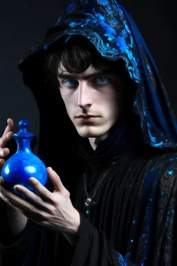 black hair, blue eyes,19year old, male, wearing black robes, alchemist, holding a flask full of blue liquid,wearing crumpled black pointed hat, in the style of Harry Clarke