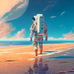 An astronaut walking on the beach of a beautiful sea, digital art, anime, 4k, full details