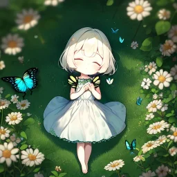 tiny anime girl sleeping in the distance, in a field of flowers with a butterfly on her nose