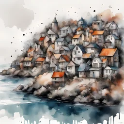 Houses on a coastline Zur's Weirding in modern european ink painting art style metal sea shell coloured ink splats