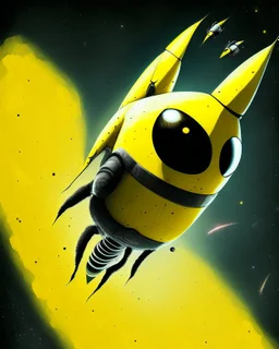 A strange creature flying in space on top of a speeding rocket. It has a head in the shape of a yellow and black circle with yellow edges as well
