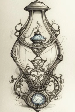 A sketch of a magical locket filigreed with silver in the shape of an hourglass made of bone