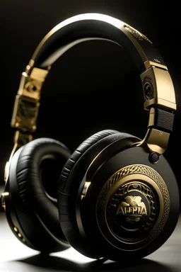 a heavy metal themed pair of wireless headphones that say "Alpha Machine Apparel" on them in black and gold