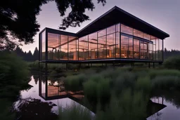 Ethereal glass structure that rises out of a serene lake, repurposed warehouse, offices and art studios, at twilight, high contrast, modular offices and agritecture of green plants, midcentury modern minimal, suspended over a serene body of water in Oregon, showcasing the innovative architectural style of Renzo Piano, captured by Hiroshi Sugimoto, professional architecture plan --ar 16:9
