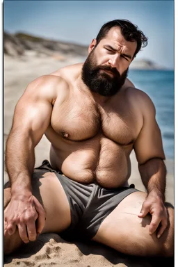 full figure shot photography of a tired strong muscular chubby burly 36 years old ugly turkish carpenter, big nose, bullneck, long beard, short hair, shirtless, manly chest, white shorts, bulge, emotive eyes , lying down relaxed belly up, on the beach in the sun, big shoulders, side light, sweat and wet, top view, aerial view