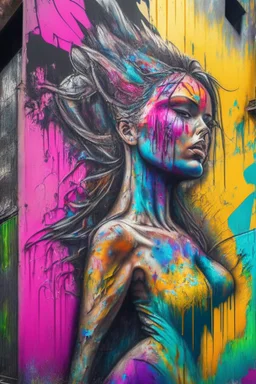 graffiti art on the back side of an abandoned building portraying a female super model posing confidently, 8k, highly detailed, centered, epic composition, graffiti art, splash art, street art, spray paint, oil gouache melting, acrylic, high contrast, colorful polychromatic, ultra detailed, ultra quality, CGSociety