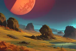 autumn vegetation, exoplanet in the horizon, big stones, cliff, science fiction.