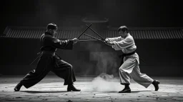 A black and white scene in which two wushu stickmen are fighting.