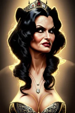 painting of lisa ann as evil queen in black leather gown, feminie, angry, stern look on her face, volouptous, busty, cleavage, emperious, mature, highly detailed, digital painting, artstation, concept art, smooth, sharp focus, illustration, art by gaston bussiere and alphonse mucha