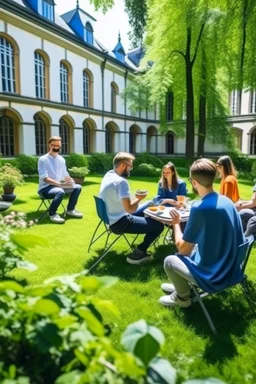 A professor walks in the college yard and students sit in the garden having breakfast