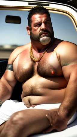 full body shot photography of an Italian sicilian taxi driver burly ugly sitting in the taxi, chubby tired 45 years old driving shirtless, bullneck, thin gold chains, short beard, sweat, short hair, bulge, robust, manly chest, looking down, big shoulders,, photorealistic, side light, ambient occlusion, tired eyes. 35mm lens, internal view inside the Taxi