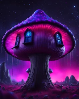 An illogical floating mushroom house on a clear moonless night. . Bright Bold Bright Colors, blue purple pink black, Starry Dark cosmic interstellar. Detailed Matte Painting, deep color, fantastical, intricate detail, splash screen, hyperdetailed, insane depth, concept art, 8k resolution, trending on Artstation, Unreal Engine 5, color depth, backlit, splash art, dramatic, High Quality Whimsical Fun Imaginative Bubbly, perfect composition