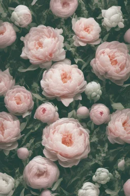 A highly formal funeral program, written in French, on deepest pigmented Salmon Pink colored heavy gloss paper with brightest heavy dark green calligraphy fonts, with a center photograph of a mesmerizingly beautiful bouquet of shimmering white peonies surrounded by deeply colored green leaves on stems, Impeccably rendered, Utterly captivating, 24K, studio lighting,